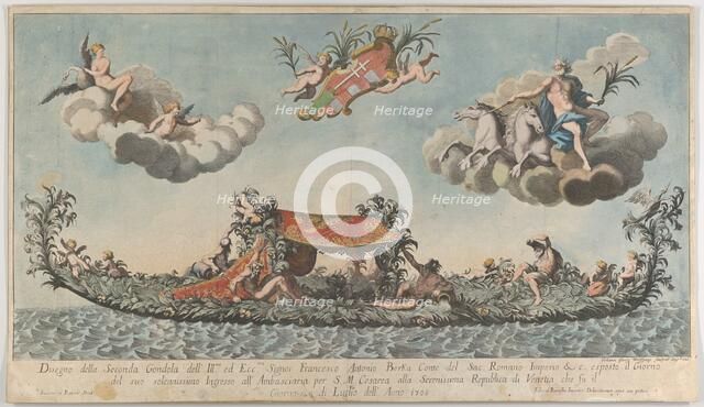 The highly ornamented second gondola of Francesco Antonio Berka entering Venice, Gods on c..., 1700. Creator: Johann Georg Wolfgang.