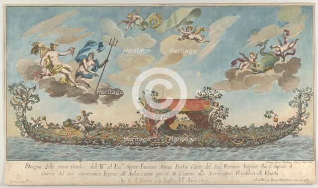 The highly ornamented third gondola of Francesco Antonio Berka entering Venice, Gods on cl..., 1700. Creator: Johann Georg Wolfgang.