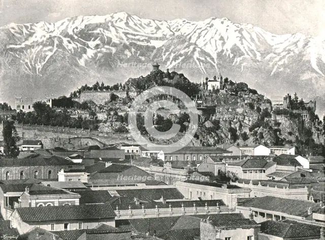 The hill of Santa Lucia with the Andes in the background, Santiago, Chile, 1895.  Creator: Unknown.
