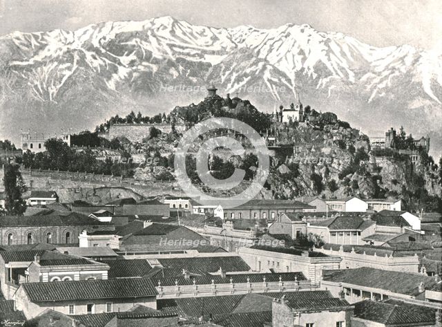 The hill of Santa Lucia with the Andes in the background, Santiago, Chile, 1895.  Creator: Unknown.