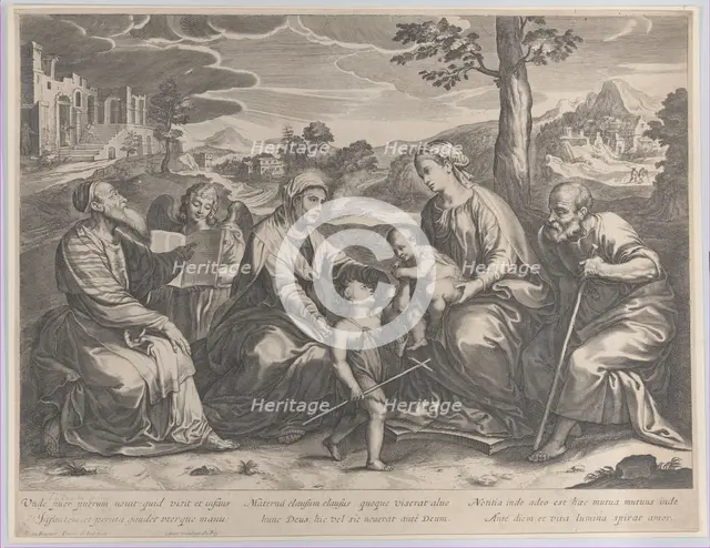 The Holy Family at right, with the infant Saint John the Baptist, Elizabeth, Zacharias,..., 1631-37. Creator: Pieter de Jode II.