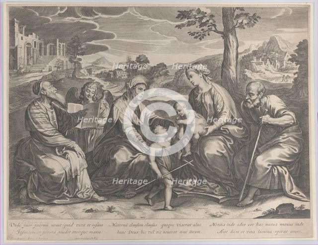 The Holy Family at right, with the infant Saint John the Baptist, Elizabeth, Zacharias,..., 1631-37. Creator: Pieter de Jode II.