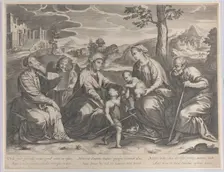 The Holy Family at right, with the infant Saint John the Baptist, Elizabeth, Zacharias,..., 1631-37. Creator: Pieter de Jode II
