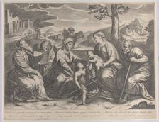 The Holy Family at right, with the infant Saint John the Baptist, Elizabeth, Zacharias,..., 1631-37. Creator: Pieter de Jode II