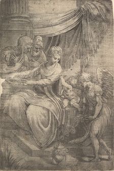 The Holy Family, an angel holding flowers approaching from the right, ca. 1550-53. Creator: Andrea Schiavone