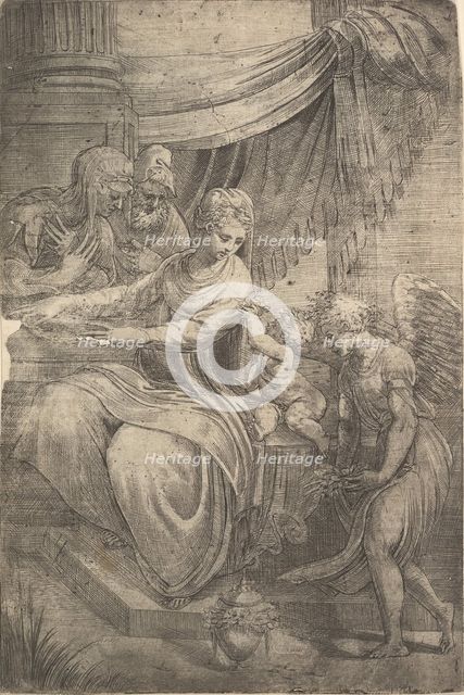 The Holy Family, an angel holding flowers approaching from the right, ca. 1550-53. Creator: Andrea Schiavone.