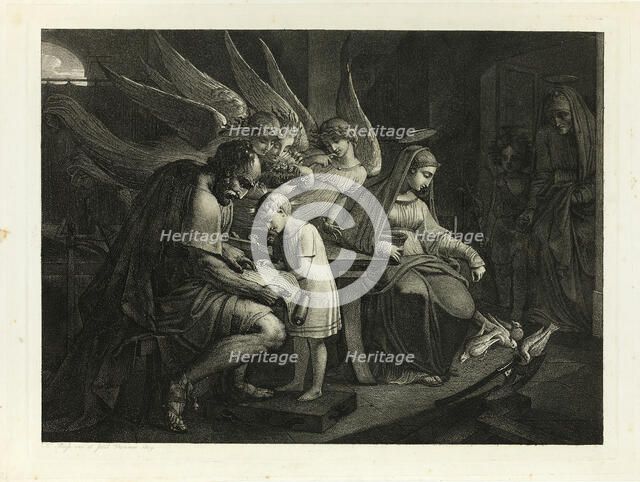 The Holy Family Busy at Home: Joseph Teaches the Boy Jesus to Read. Mary Feeds the Pigeons..., 1809. Creator: Carl Russ.