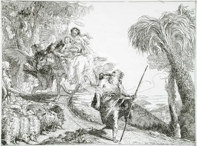The Holy Family Descending a Forest Path, Near a Flock and Some Shepherds, between c1750 and c1753. Creator: Giovanni Domenico Tiepolo.
