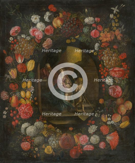 The Holy Family in a Flower and Fruit Garland, 1650-1700. Creator: Unknown.