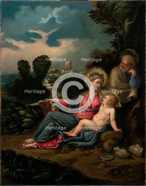 The Holy Family in a landscape, c.1534-1536. Creator: Girolamo da Carpi (Girolamo Sellari) (1501-1556).