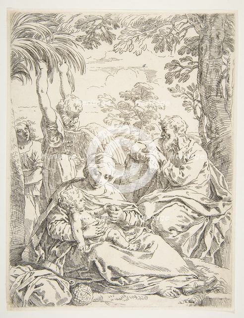 The Holy Family resting on their flight into Egypt, ca. 1637-1639. Creator: Simone Cantarini.