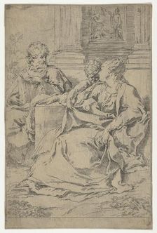The Holy Family seated together in front of a collonade, Saint Joseph reading and..., ca. 1590-1610. Creator: Guido Reni