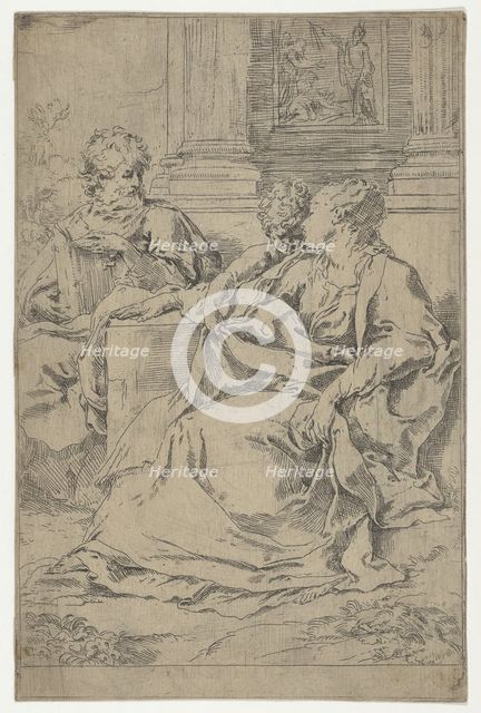 The Holy Family seated together in front of a collonade, Saint Joseph reading and..., ca. 1590-1610. Creator: Guido Reni.