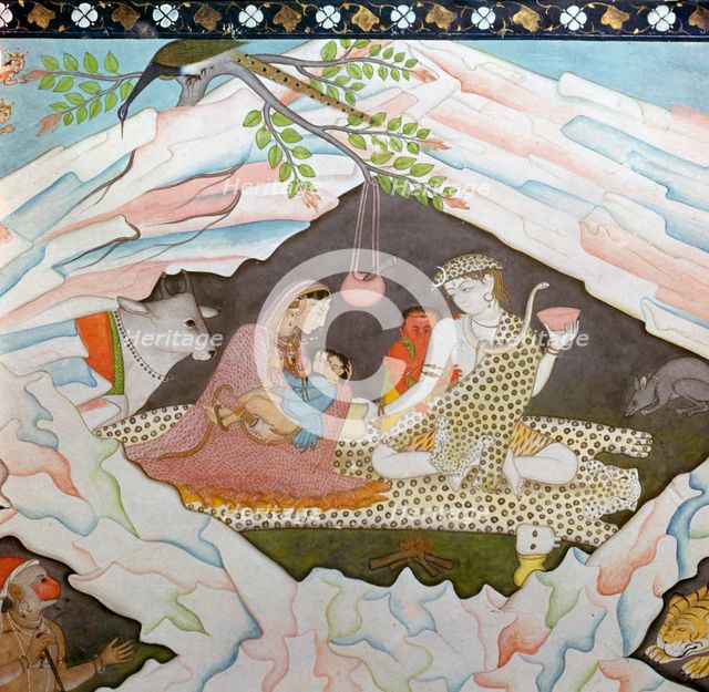 The holy family seated in a cave on Mount Kailasa. Artist: Unknown