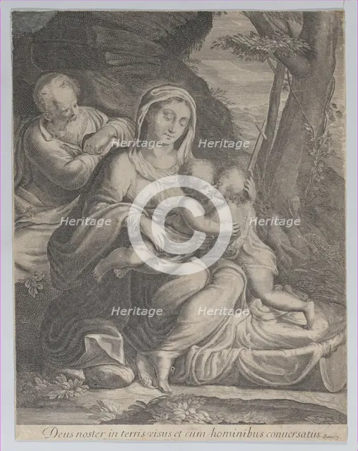 The Holy Family with infant Saint John the Baptist kneeling at right, 1550-1600. Creator: Anon.