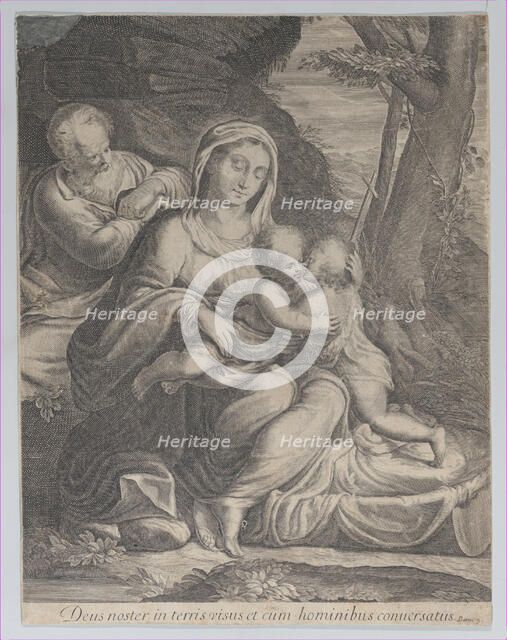 The Holy Family with infant Saint John the Baptist kneeling at right, 1550-1600. Creator: Anon.