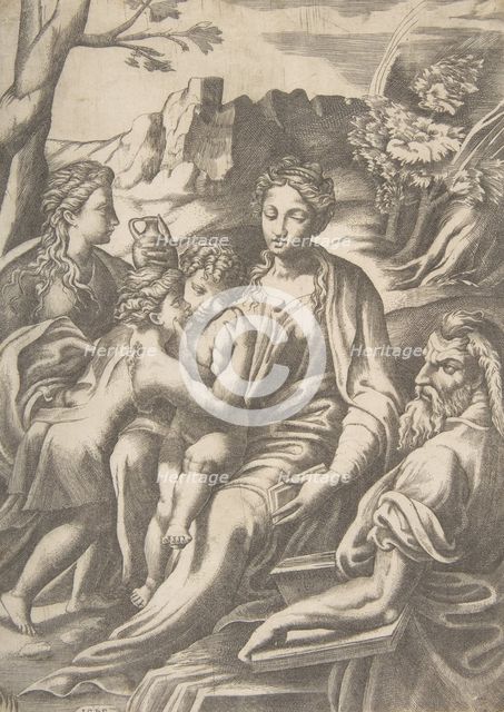 The Holy Family with Mary Magdalene and John the Baptist who embraces Christ, 1543. Creator: Giulio Bonasone.