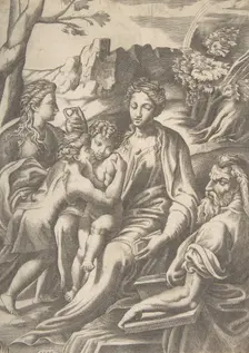 The Holy Family with Mary Magdalene and John the Baptist who embraces Christ, 1543. Creator: Giulio Bonasone