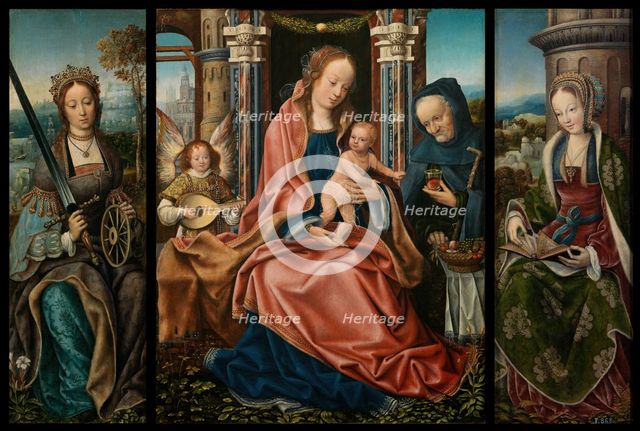 The Holy Family with musical angel, and Saints Catherine and Barbara, 1510-1520. Creator: Workshop of the Master of Frankfurt.