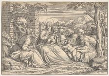 The Holy Family with saints Elizabeth and John, ca. 1550. Creator: Attributed to Nicolò Boldrini (Italian, Vicenza ca. 1500-after 1566 Venice)