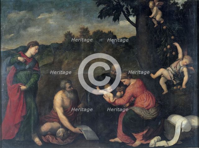 The Holy Family with Saints Jerome, Catherine of Alexandria and angels.