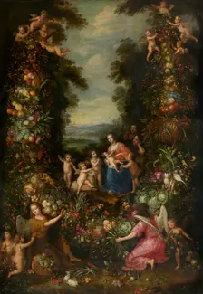 The Holy Family with the Infant Saint John the Baptist surrounded by a Garland of Flowers... Creator: Pieter van Avont