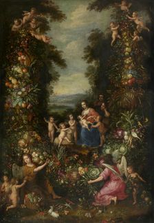 The Holy Family with the Infant Saint John the Baptist surrounded by a Garland of Flowers... Creator: Pieter van Avont