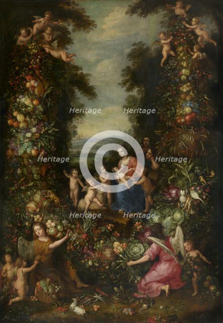 The Holy Family with the Infant Saint John the Baptist surrounded by a Garland of Flowers... Creator: Pieter van Avont.