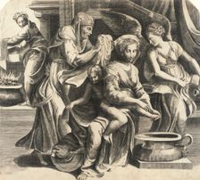 The Holy Family with the Virgin Bathing the Christ Child, between circa 1550 and circa 1560. Creator: Giulio Bonasone