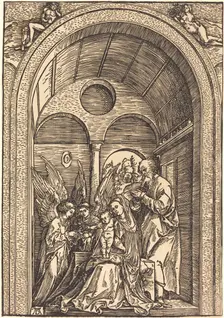 The Holy Family with Two Angels in a Vaulted Hall, c. 1504. Creator: Albrecht Durer
