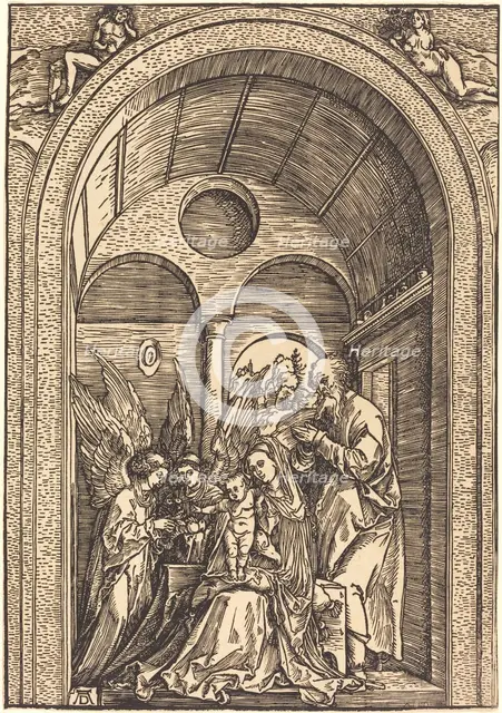 The Holy Family with Two Angels in a Vaulted Hall, c. 1504. Creator: Albrecht Durer.