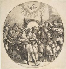 The Holy Spirit as a bird descending with spread wings at top center; the twelve Apostles ..., 1518. Creator: Domenico Campagnola