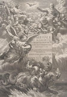 The holy trinity with Saint Michael vanquishing a six-headed dragon, frontispiece to ..., ca. 1662. Creator: François Spierre