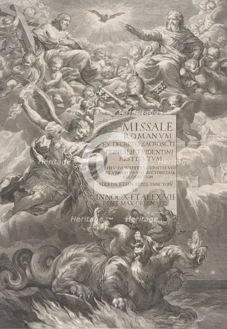The holy trinity with Saint Michael vanquishing a six-headed dragon, frontispiece to '..., ca. 1662. Creator: François Spierre.