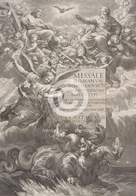 The holy trinity with Saint Michael vanquishing a six-headed dragon, frontispiece to '..., ca. 1662. Creator: François Spierre.