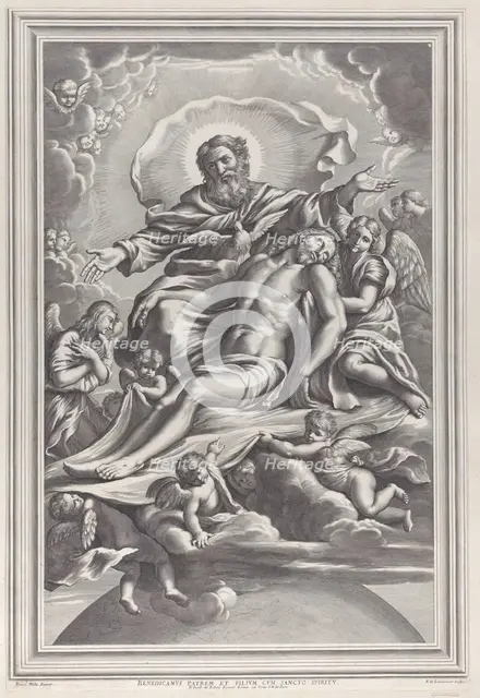 The Holy Trinity, with the dead Christ at center surrounded by angels, God the Father, ..., 1650-90. Creator: F. de Louvement.