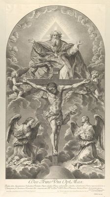 The Holy Trinity; Christ on the cross flanked by two angels, the Holy Spirit as a dove and..., 1702. Creator: Nicolas Dorigny