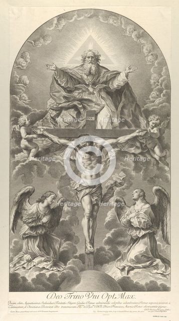 The Holy Trinity; Christ on the cross flanked by two angels, the Holy Spirit as a dove and..., 1702. Creator: Nicolas Dorigny.