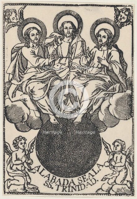 The Holy Trinity sitting on clouds surrounded by angels. Creator: Anon.