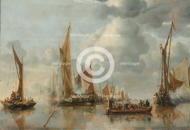 The Home Fleet Saluting the State Barge, 1650. Creator: Jan van de Cappelle.
