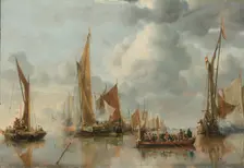 The Home Fleet Saluting the State Barge, 1650. Creator: Jan van de Cappelle