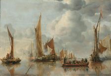 The Home Fleet Saluting the State Barge, 1650. Creator: Jan van de Cappelle