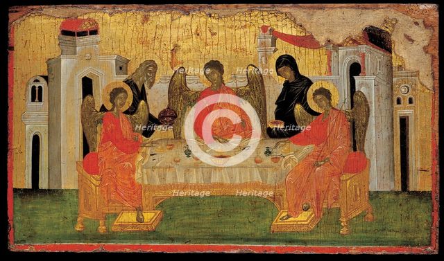 The Hospitality of Abraham (Old Testament Trinity), ca 1380. Artist: Byzantine icon  