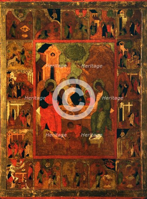 The Hospitality of Abraham (Old Testament Trinity), End of 16th cen.. Artist: Russian icon  