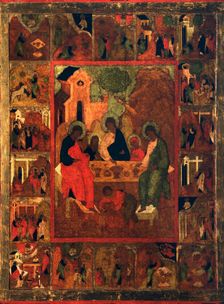 The Hospitality of Abraham (Old Testament Trinity), end of 16th century. Creator: Russian icon