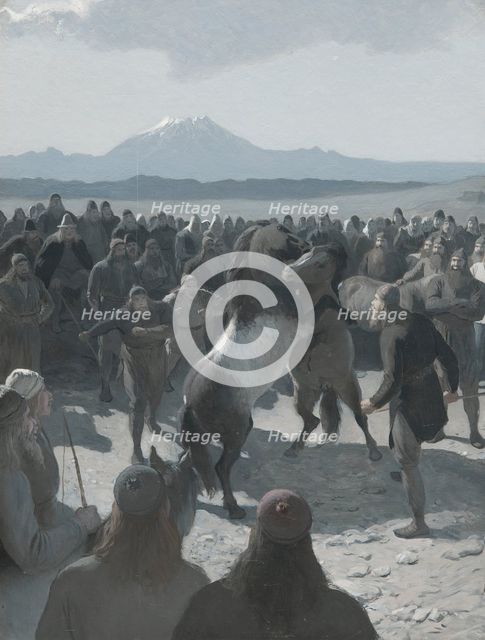 The Horse-Fight at Hlidarendi. Illustration for Njal’s Saga, ch. 59. Creator: Johan August Malmström.