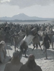 The Horse-Fight at Hlidarendi. Illustration for Njal’s Saga, ch. 59. Creator: Johan August Malmström