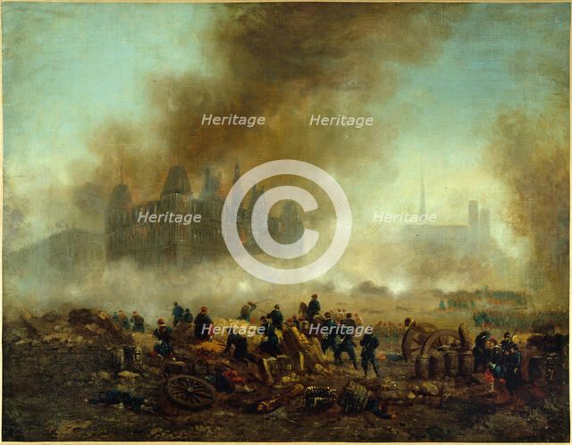 The Hotel de Ville set on fire, attacked by the troops of Versailles, 1871. Creator: Gustave Boulanger.
