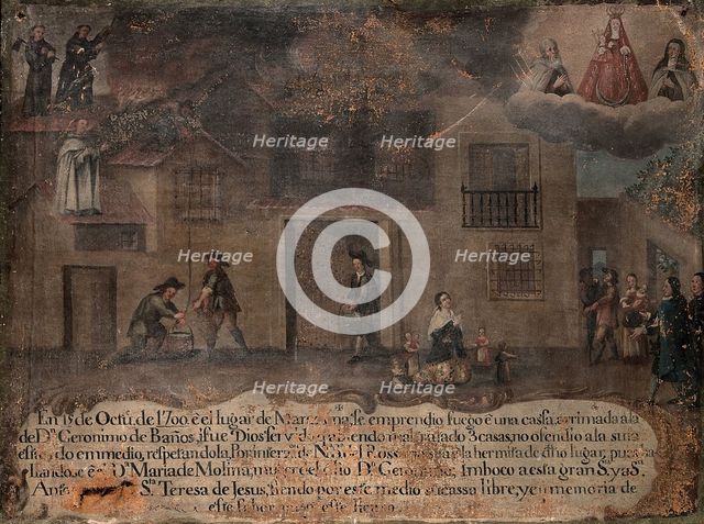 The house of Don Geronimo de Baños being rescued from fire by the Virgin, St Anthony...1700, 1700. Creator: Unknown.