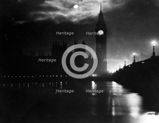 The Houses of Parliament at night, City of Westminster, London. Creator: Unknown.